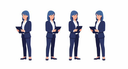 Obraz premium Four illustrations of a professional business woman in a dark suit holding a digital tablet.