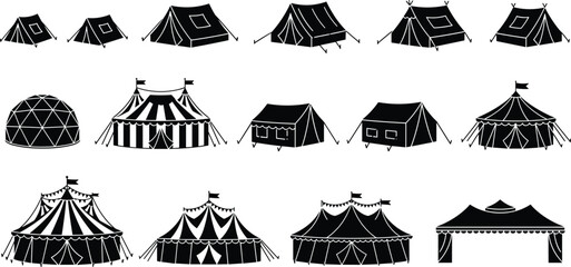 Camping tents and circus marquee silhouettes set, outdoor event shelters and carnival big top collection, cad drawing flat vector illustration © Mst