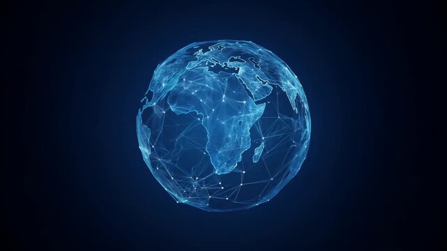 Abstract digital world globe rotating on dark blue background
