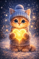 An adorable ginger kitten in a knit hat holds a glowing heart amidst a magical, snowy winter wonderland with bokeh lights.