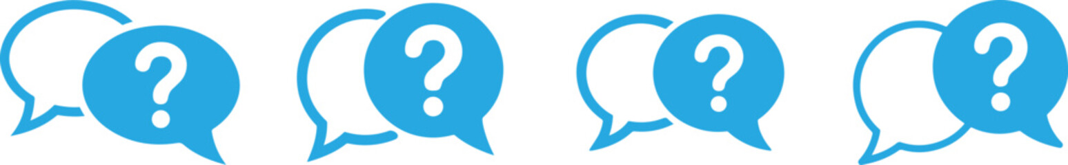 Blue speech bubbles with question marks in rows on white background