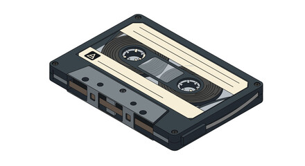 Fototapeta premium Detailed isometric view of a classic black audio cassette tape with white labels used for analog music recording and playback.