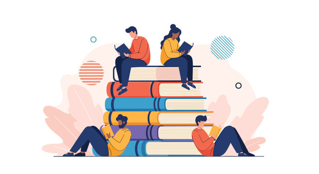 Group of students and avid readers sitting on a giant stack of books while reading to represent education, literacy, and learning.