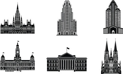 Historic and modern landmark buildings vector set, architectural city skyline silhouettes isolated on white background, detailed black and white illustration collection