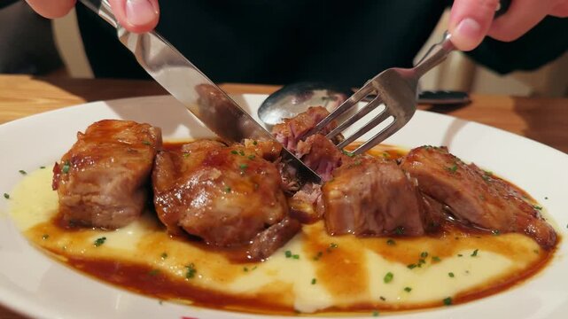 Pieces of braised pork cooked in a spicy sauce with mashed potatoes and seasoned with herbs.