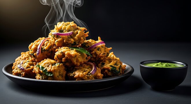 Steaming pakora fritters with green chutney and onion