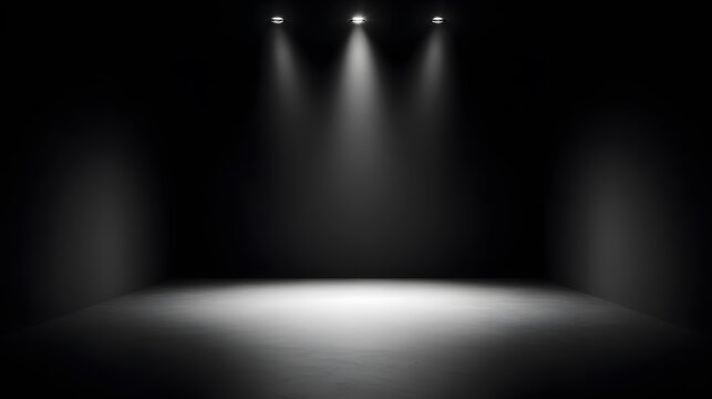 Illuminated Stage: A dark studio stage bathed in the radiant glow of three spotlights, creating a dramatic sense of anticipation and focus.
