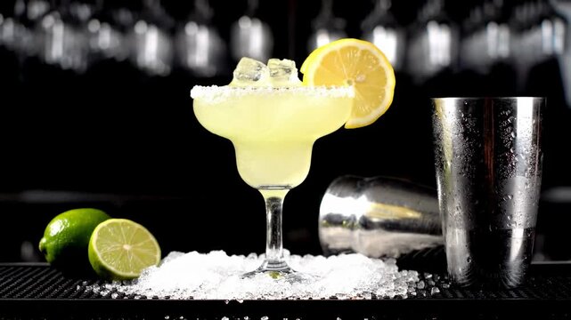  The focal point is a classic, stemmed margarita glass filled with a frosty, opaque, pale yellow-green cocktail, suggesting it is well-chilled or perhaps frozen.