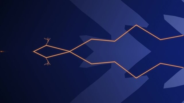 Abstract orange lines forming an arrow shape on dark blue background.