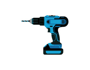 A cordless electric drill with a blue and black design positioned for use. isolated on transparent background