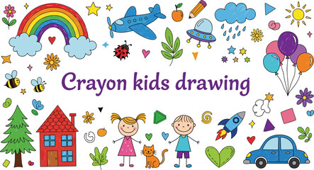 Hand Drawn Crayon Kids Drawing Set with Rainbow House Car Plane and Cute Children Doodles in Scrawled Pencil Style Isolated on White Background Vector