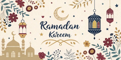 Ramadan Kareem Islamic greeting card with mosque crescent moon lantern and ornamental mandala pattern