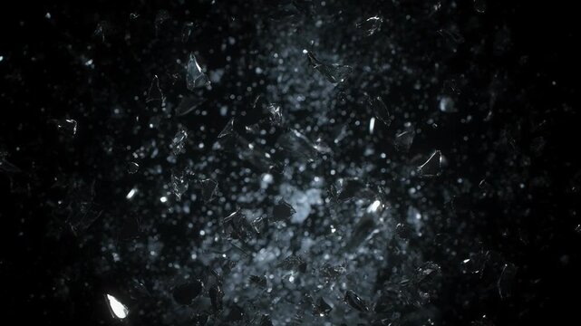 Luminous particles gently drift across vast dark background. Sparkling elements form mesmerizing abstract textures, with vibrant bursts of shimmering fragments scattering dynamically