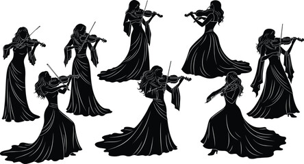 Elegant violinist silhouette collection, woman playing violin in flowing gown, classical music performance vector illustration isolated © Shahin