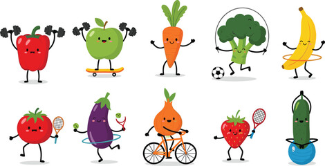 Kawaii cute fruit and vegetable characters exercising with dumbbells skipping rope hula hoop bicycle and sports gear for healthy lifestyle fitness vector illustration set © Itz Majbahuil Here