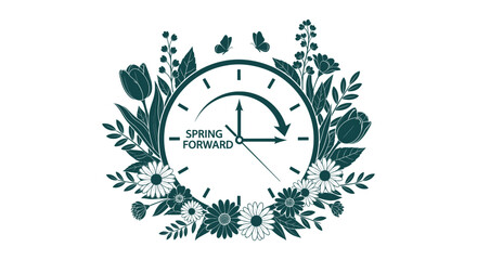 Spring Forward Daylight Saving Time Clock Floral Wreath Blooming Flowers Vector © vectorial