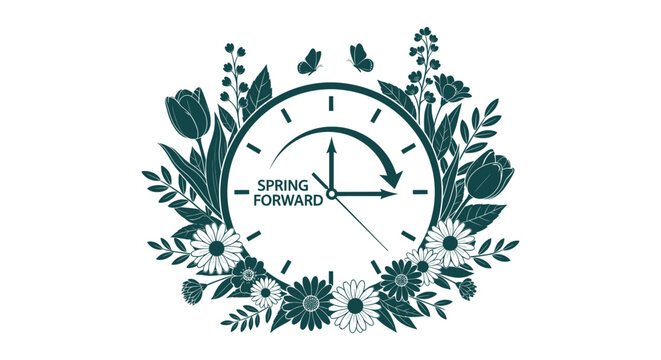 Spring Forward Daylight Saving Time Clock Floral Wreath Blooming Flowers Vector