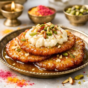 Delicious Indian malpua dessert generously topped with creamy rabri and garnished with colorful pistachios almonds and saffron strands for a festive treat
