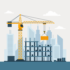 Obraz premium Construction Crane Lifting Container at Skyscraper Building Site