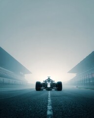 Fototapeta premium Racing car standing on track starting line with grandstands in thick fog