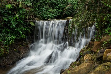 Fototapeta premium Beautiful small forest waterfall with long exposure silk water effect.
