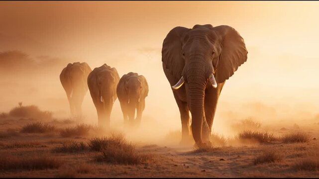 African elephant herd walks through dusty plain at sunset