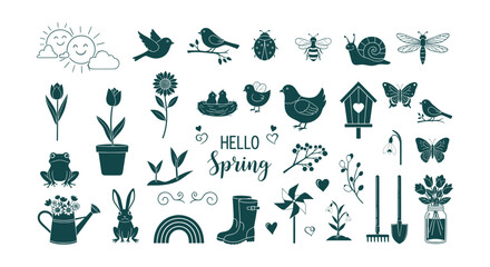 Hello Spring Nature Collection Cute Animals Flowers Garden Tools Elements Vector Design © vectorial