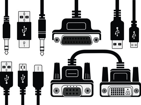 Collection of silhouette icons featuring various computer cables and audio connectors including USB VGA DVI and auxiliary plugs for technical hardware.