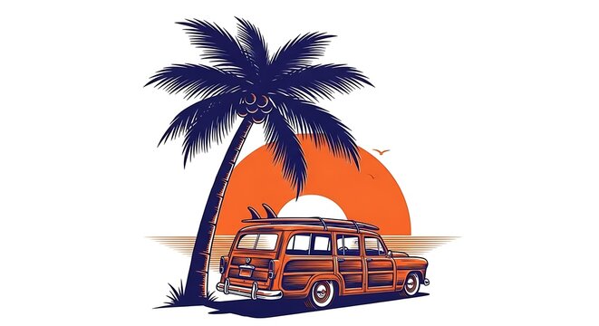 A retro-style graphic illustration of a classic station wagon with surfboards parked under a palm tree against a large setting sun