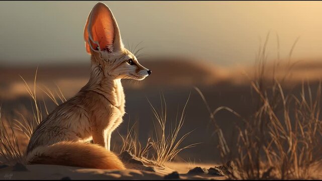 Alert fennec fox observing surroundings on desert sand