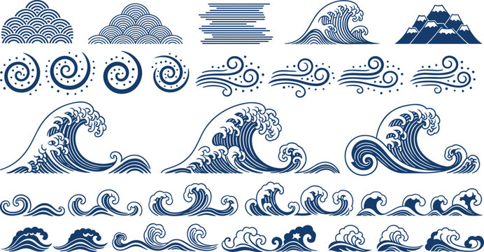 Japanese Ocean Waves Collection Traditional Sea Water Vector Set