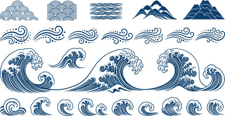 Japanese Style Ocean Waves and Mountains Traditional Vector Collection Set © EdGe Creative
