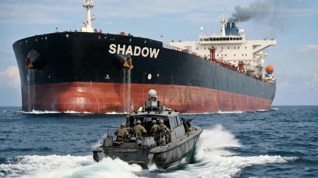 Shadow fleet oil tanker navigating international waters under escort. Maritime security vessel monitoring suspicious cargo ship during transit.