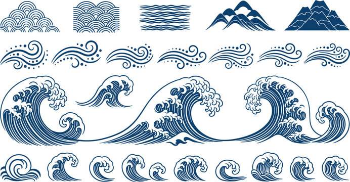 Japanese Style Ocean Waves and Mountains Traditional Vector Collection Set