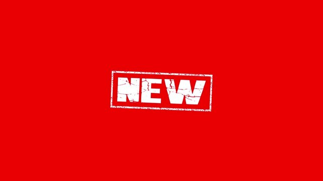 NEW rubber stamp animation,animated vibrant red grunge rubber stamp with 'NEW' text animated,4k video Rubber, seal, red, vintage effect, textured, motion graphics design.