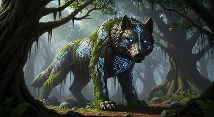 a fantasy creature wolf with blue eyes and moss on its body in a forest