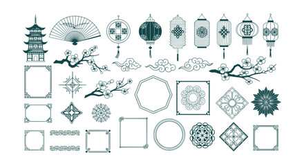 Elegant Chinese Japanese Traditional Decorative Elements Vector Icons Pagoda Lantern Fan Blossom Frames © vectorial