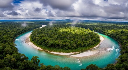 aerial view of a river delta surrounded by lush green forest and cloudy sky