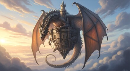 dragon flying with castle on back in sky