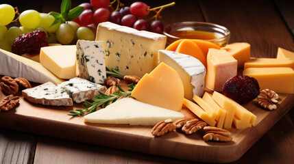 A beautifully arranged cheese board with various cheeses and fruits