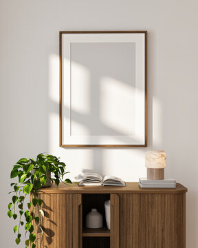 Modern Living Room Poster Frame Mockup with Natural Light and Minimalist Decoration. 3D render.
