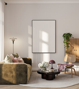 Modern Living Room Poster Frame Mockup with Natural Light and Minimalist Decoration. 3D render.