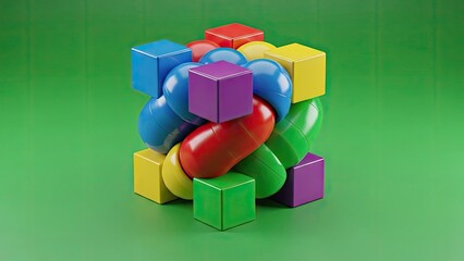 Obraz premium A colorful arrangement of 3D shapes on a green background