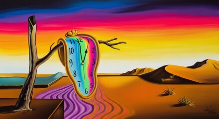 melting clock in desert landscape with tree