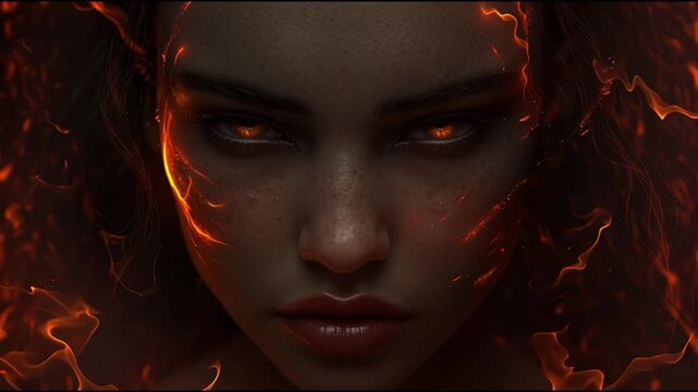 Close view of a face with glowing eyes and fiery effects during a digital art project
