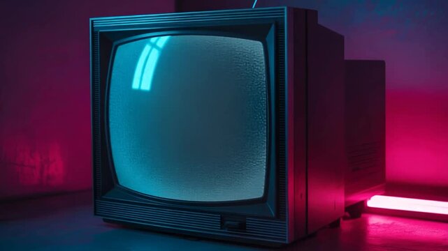 Retro CRT Television with Neon Pink and Blue Lighting &ndash; Vintage Tech Aesthetic and 80s Synthwave Vibe