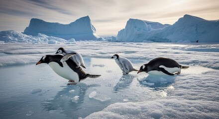 penguins playing on ice floes in Antarctica landscape