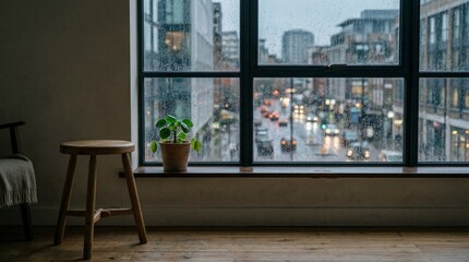 rainy city view from a room with a stool and plant
