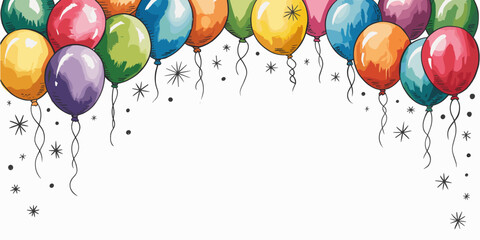 banner. frame hand drawn cartoon watercolor balloons symbols of party. design holiday greeting card and invitation of holidays background