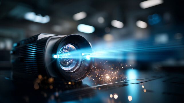 Close-up of a high-end projector lens emitting a bright blue beam towards a screen, AV Solutions at Work, dust particles dancing in the light, dark exhibition hall atmosphere, prof